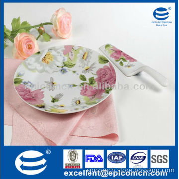 rose decal on 10.5" round flat ceramic cake plate and spatula